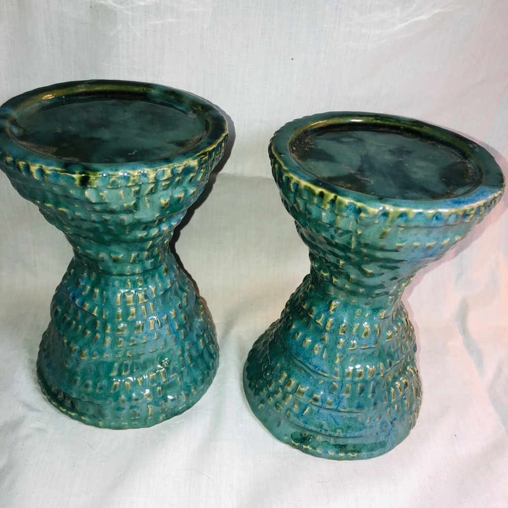 Pair of Ceramic Glazed Candleholders, Aqua with gold accents and raised motif.